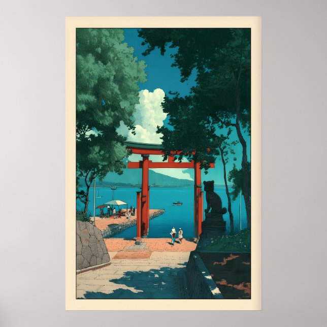 Poster Portão Torii Costeiro Estilo Hasui Kawase, Azul (Frente)