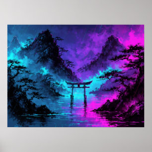 Poster Portão Torii Neon Sumi-e Arte de Paisagem Japonesa
