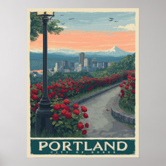Poster Portland City of Rosa - Jardim Rosa e Skyline