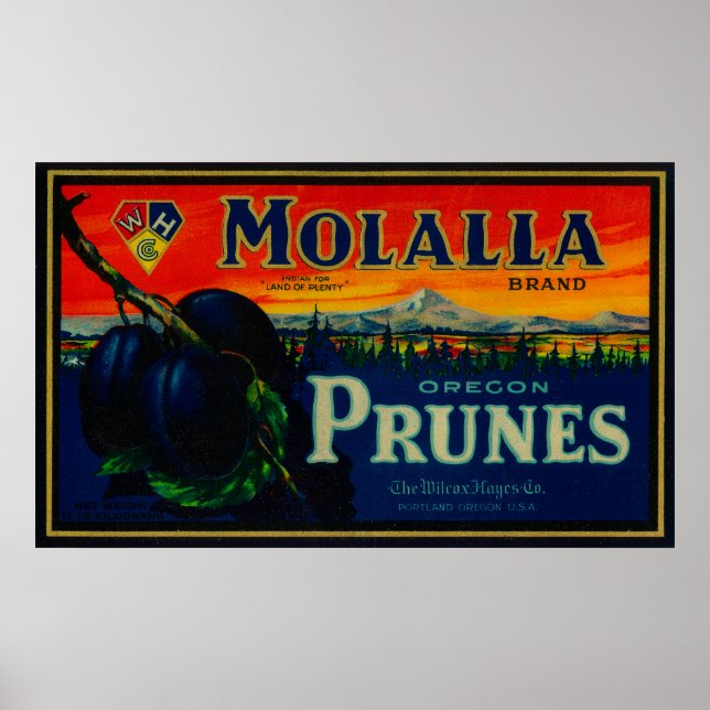 Pôster Portland, Oregon Molalla Prune Label (Frente)