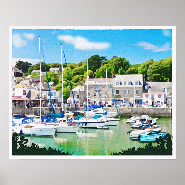 Poster Porto de Padstow em Cornwall UK, aquarela. (Frente)