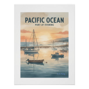 Pôster Porto do Oceano Pacífico ao Entardecer