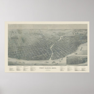 Pôster Porto Huron, mapa panorâmico do MI - 1894
