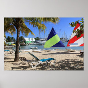 Pôster Porto, praia, veleiros em Antígua Canvas Print