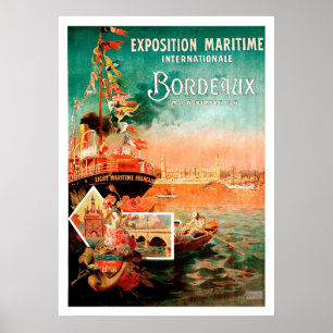 Poster Porto urbano de Bordéus, França, navio turístico, 