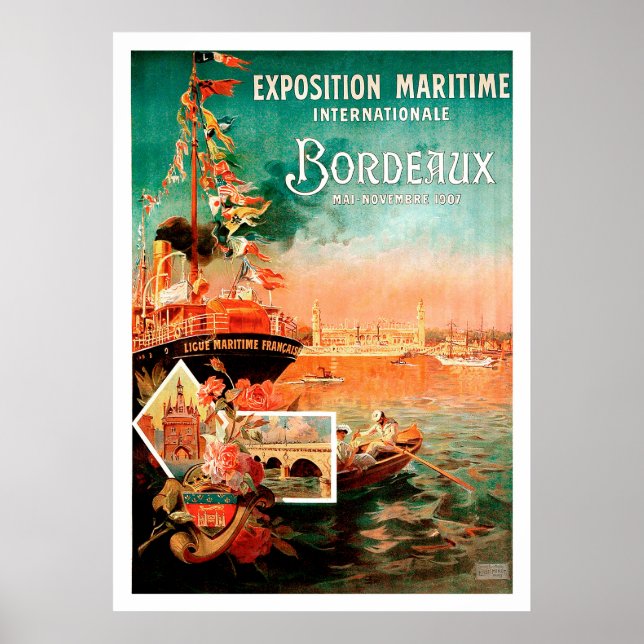 Poster Porto urbano de Bordéus, França, navio turístico,  (Frente)