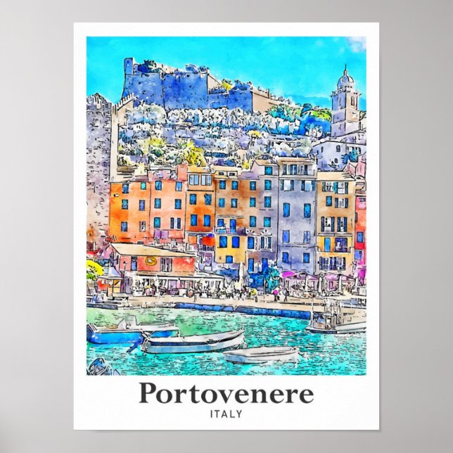 Poster Portovenere Itália Viagem Watercolor Drawn (Frente)