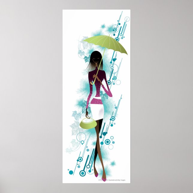 Pôster Portrait of young woman holding purse and umbrella (Frente)