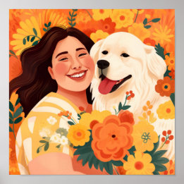 Poster Portrato Floral do Cão de Emergência e Mulher