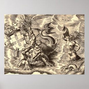 Pôster Poseidon e mapa do mundo do golfinho