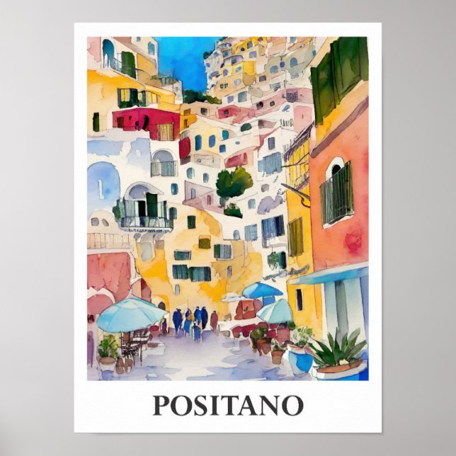 Poster Positano Itália Art Watercolor Viagem (Frente)
