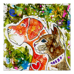 Pôster Poster bonito e colorido do cão e gato - 20" x 20