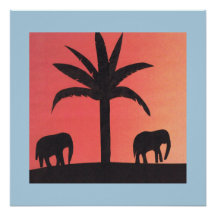 Poster com Silhouettes de Elefantes e uma Palma