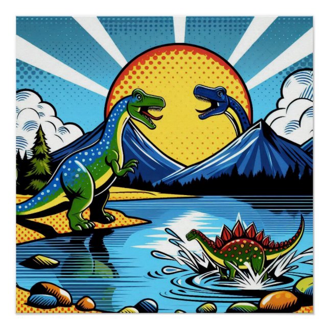 Pôster Poster con paisaje de dinosaurios (Frente)