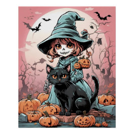 Pôster Poster de bruxa zumbi de Halloween com gato preto