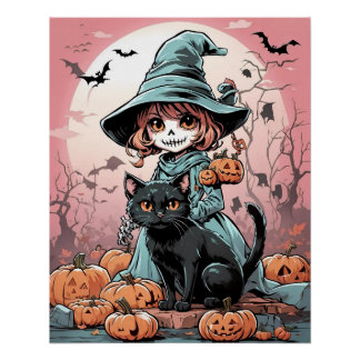 Pôster Poster de bruxa zumbi de Halloween com gato preto