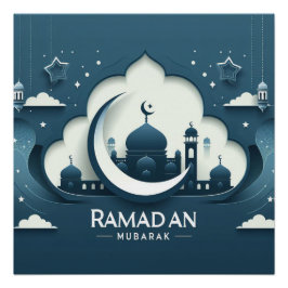 Pôster Poster De Ramadã Mubarak, Moderno, Azul E Branco