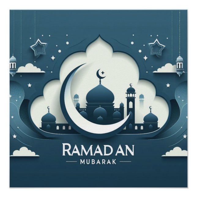 Pôster Poster De Ramadã Mubarak, Moderno, Azul E Branco (Frente)