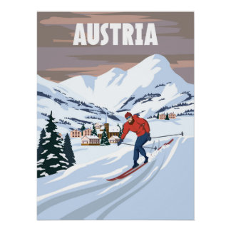 Pôster Poster de resort Austria Ski, retrô. Alpes Winter