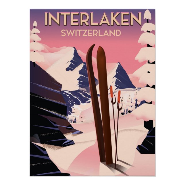 Pôster Poster de viagens de Esqui de Suiça Interlaken. (Frente)
