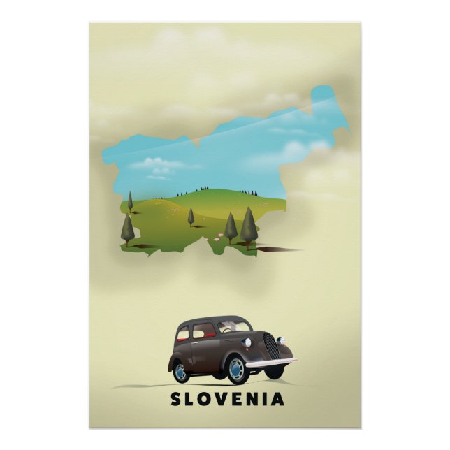 Pôster Poster de viagens de mapa ilustrado da Eslovênia (Frente)