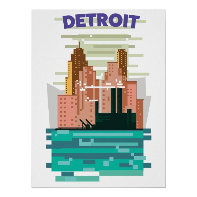 Pôster Poster de viagens do horizonte de Detroit City. (Frente)