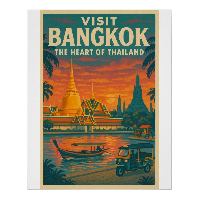Pôster Poster de viagens retrô de Bangkok, Tailândia (Frente)