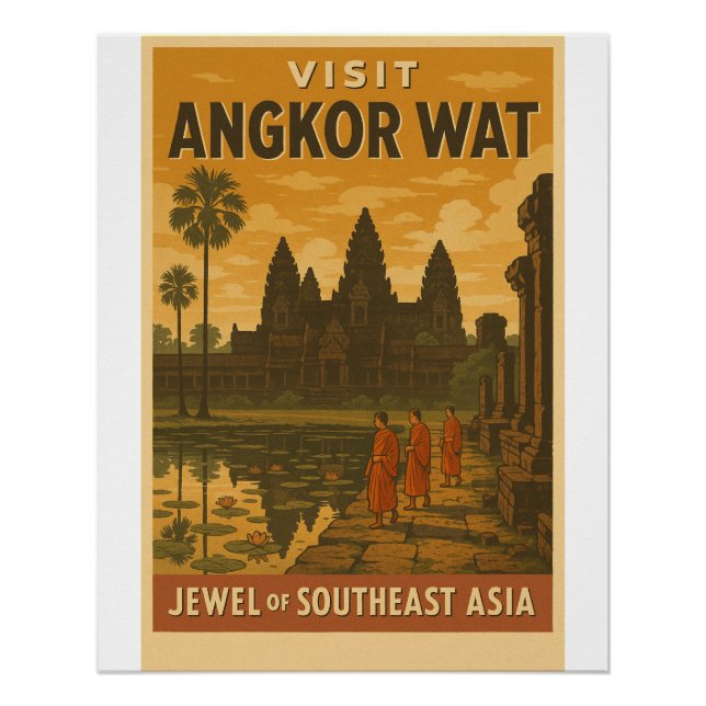 Pôster Poster de viagens retroativo do templo Angkor Wat (Frente)