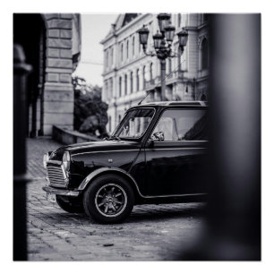 Pôster Poster do carro clássico Mini Cooper preto e branc