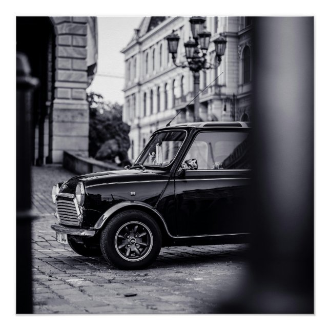 Pôster Poster do carro clássico Mini Cooper preto e branc (Frente)