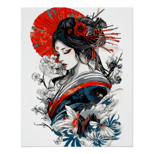 Pôster Poster Geisha, Poster vintage com cores escuras