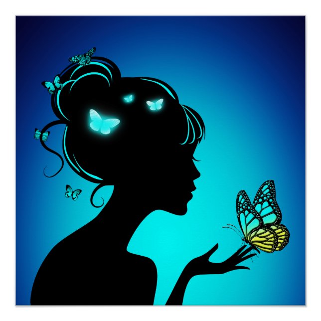 Pôster Poster La femme papillons bleues (Frente)