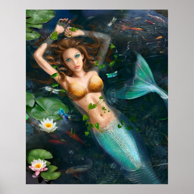 Pôster Poster-Linda sereia no lago com lírios (Frente)