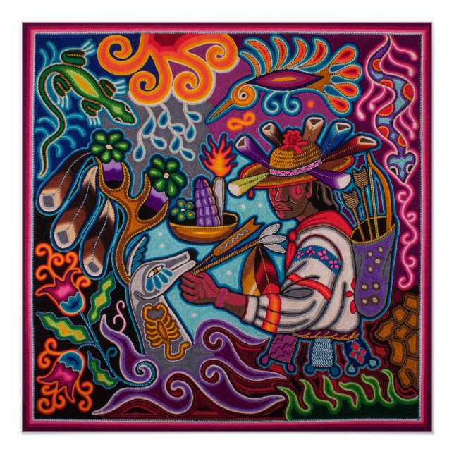 Pôster Poster mexicano huichol - Cazador y venado (Frente)