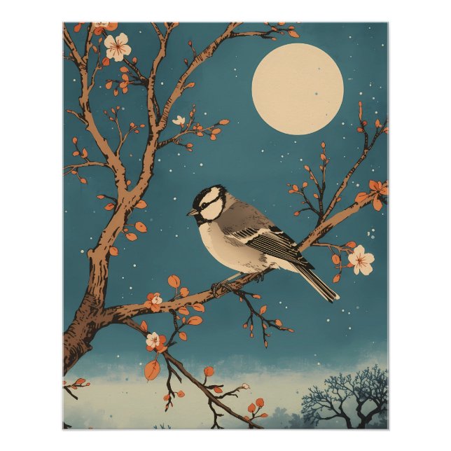 Pôster Poster - Moonlit Bird on Blossom Branch (Frente)