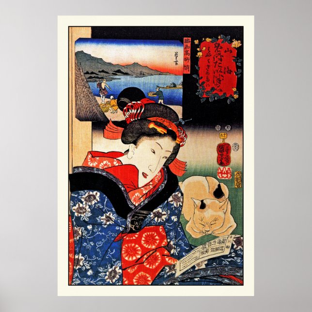 Pôster Poster: Mulher com Cat - Arte Japonesa - Kuniyoshi (Frente)