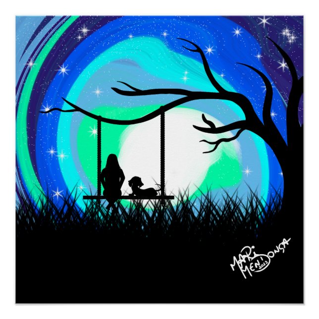 Pôster poster noite no balanço menina e cachorro (Frente)