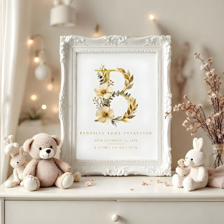 Poster Póster Nursery Cute Romantic Floral B Letter Gold