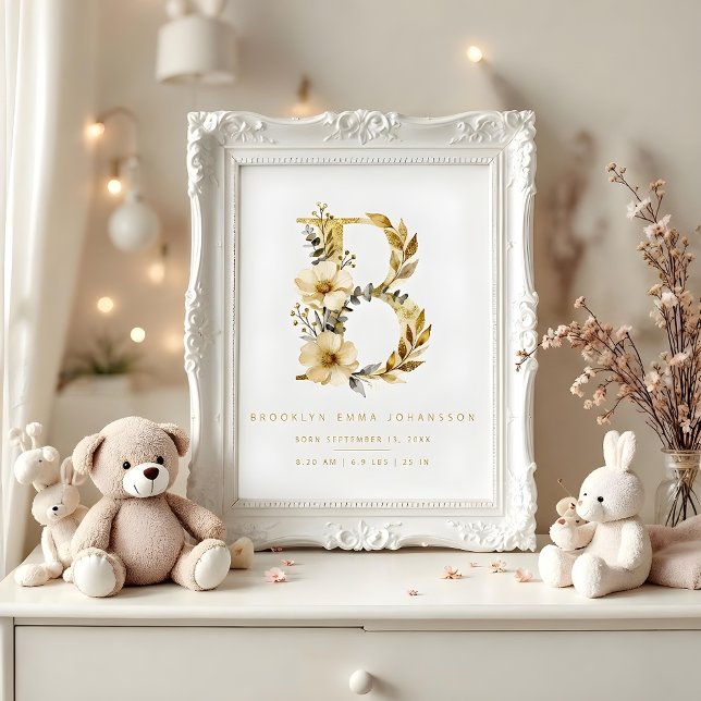 Poster Póster Nursery Cute Romantic Floral B Letter Gold (Delicate Romantic Floral B Letter in Gold Glitter Effect Posters for Nursery Decor. )