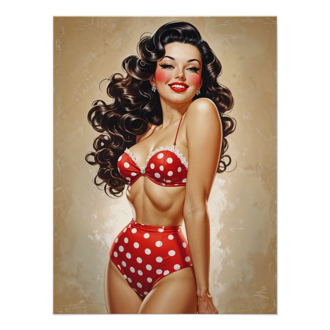 Pôster Poster Pinup Brune en Bikini Rouge à Pois (Frente)