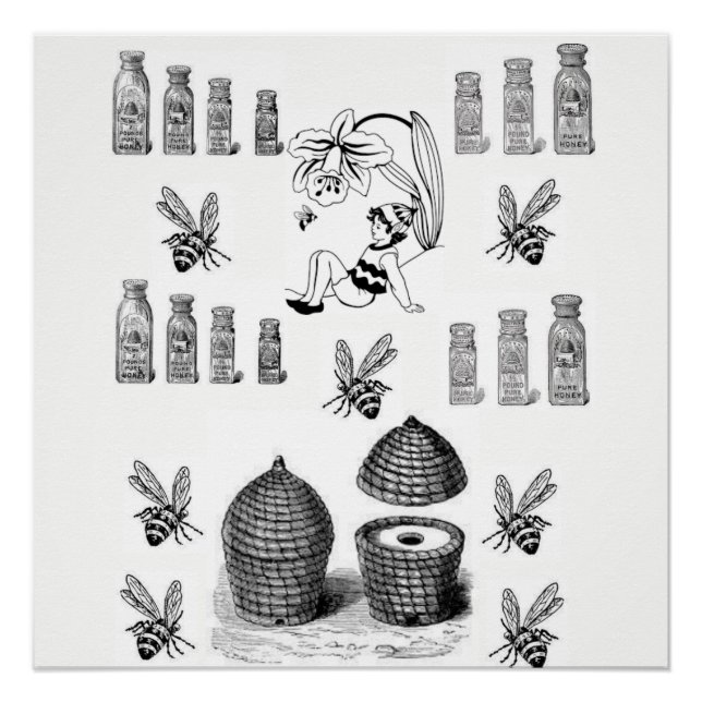Pôster poster preto branco de abelha (Frente)