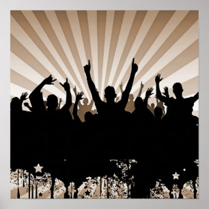 Pôster POSTER/PRINT Grunge Party Crowd Silhouette Orange