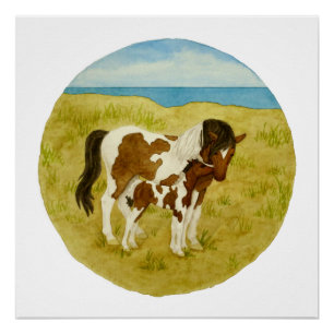 Pôster Poster selvagem do quadrado da aguarela dos pônei