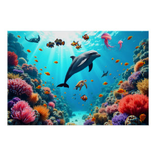 Pôster Poster Vida Oceânica com Golfinho e Recife de Cora