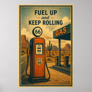 Poster Posto de Gasolina da Rota 66 Vintage Paisagem Desé
