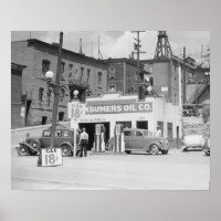 Posto de gasolina em Montana, 1939. Foto antiga
