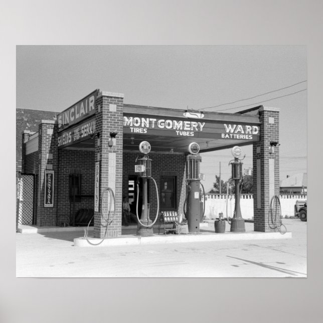 Pôster Posto de Gasolina Sinclair, 1939. Foto Antiga (Frente)