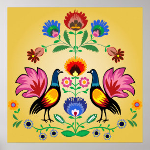 Pôster Povos poloneses com floral decorativo & os galos