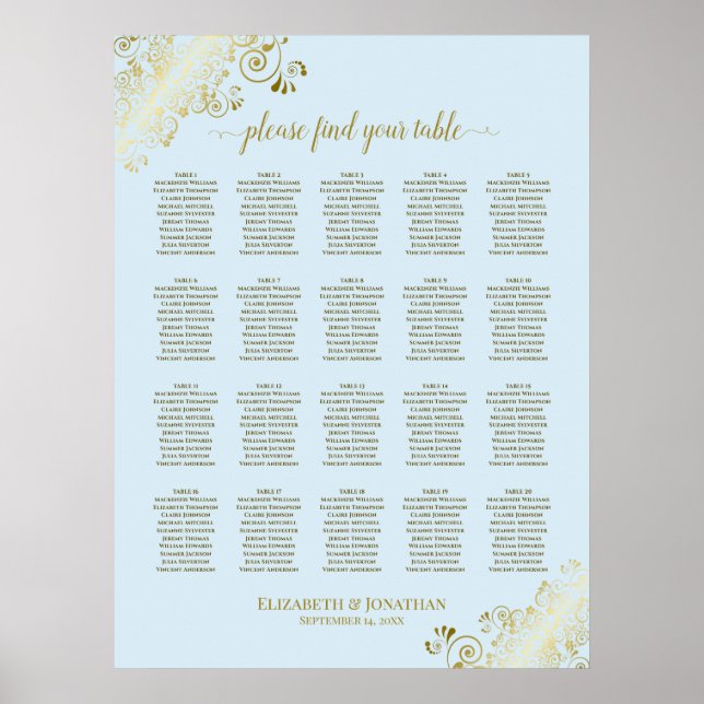 Poster Powder Blue & Gold 20 Table Wedding Seating Chart (Frente)