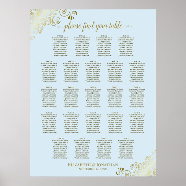 Poster Powder Blue & Gold 23 Table Wedding Seating Chart (Frente)